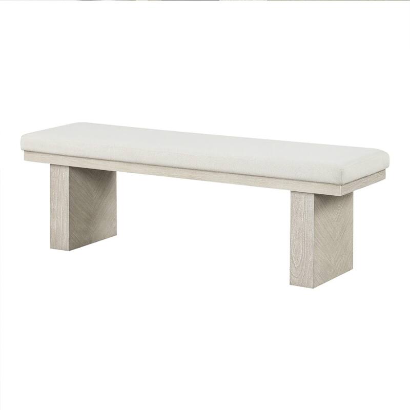 Hagy Dining Bench, 59 Inch, Panel Rubberwood Base, White Fabric Padded Seat