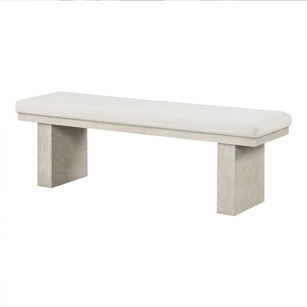 Hagy Dining Bench, 59 Inch, Panel Rubberwood Base, White Fabric Padded Seat