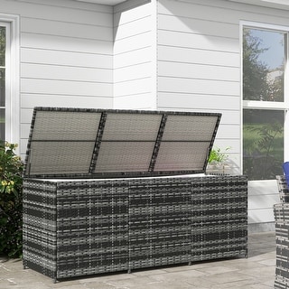 Outsunny Outdoor Storage Box with Inner Liner, PE Rattan Wicker Deck Box with Pneumatic Bar Lift