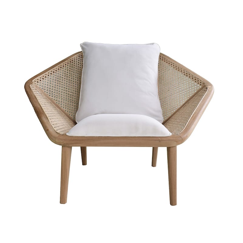 41 Inch Accent Leisure Chair with Cushion, Woven Rattan, Teak Wood, Brown