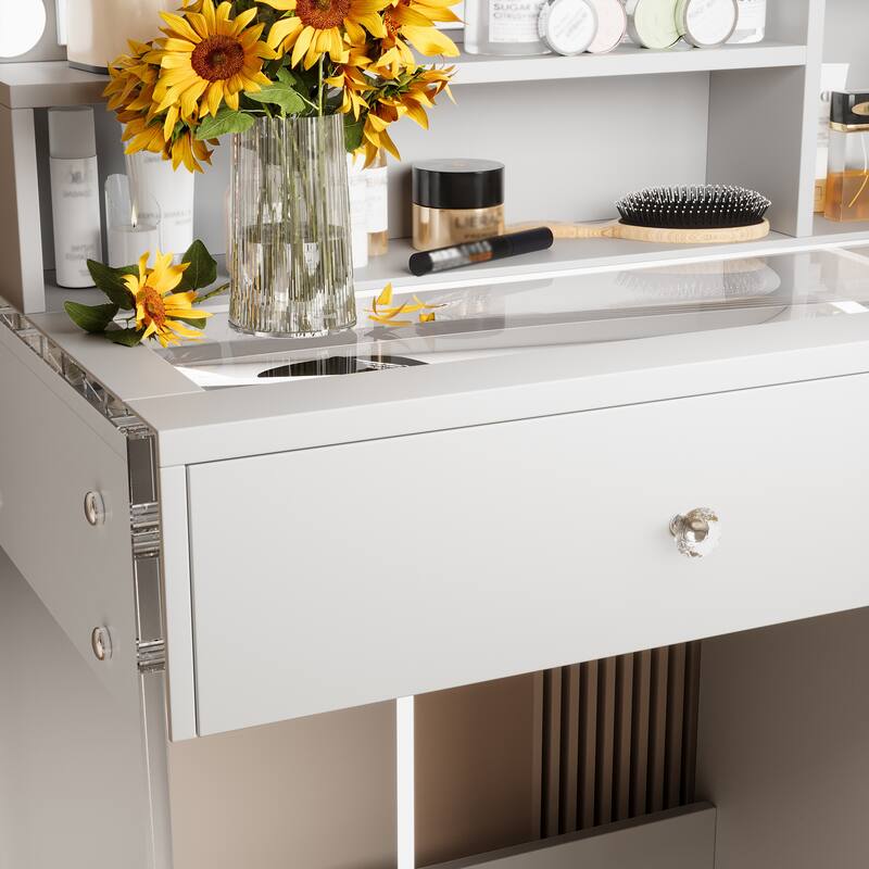 Vanity Desk with Mirror & Lights, Glass Top Dressing Table, Makeup Table with Charging Station, 2 Drawers & Cabinet