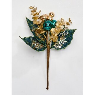 10" Blue Glittered Ball & Leaves Pick, Set of 6