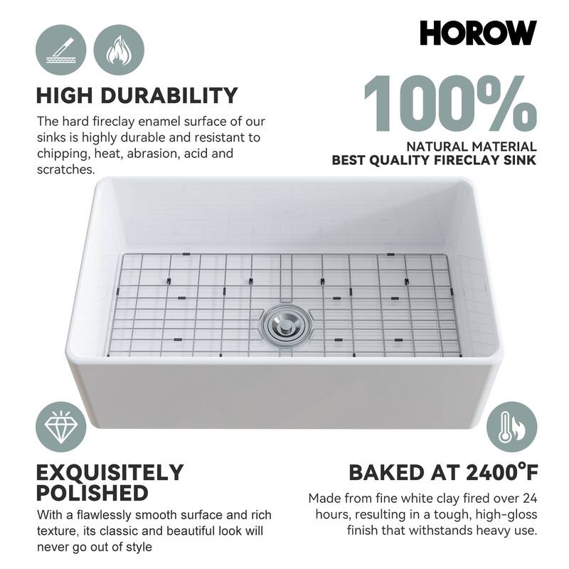 HOROW White Fireclay 33 in. Single Bowl Kitchen Sink Farmhouse Apron Front with Bottom Grid and Strainer - 33x20 Inch
