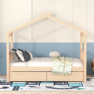Twin Solid Pine Wood House Bed with 2 Drawers, Natural Wood Bed