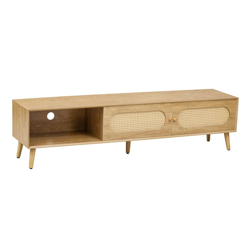 Roomfitters Boho TV Stand for 80" TVs, Farmhouse Media Console with Wood Legs, Entertainment Unit for Living Room, Natural