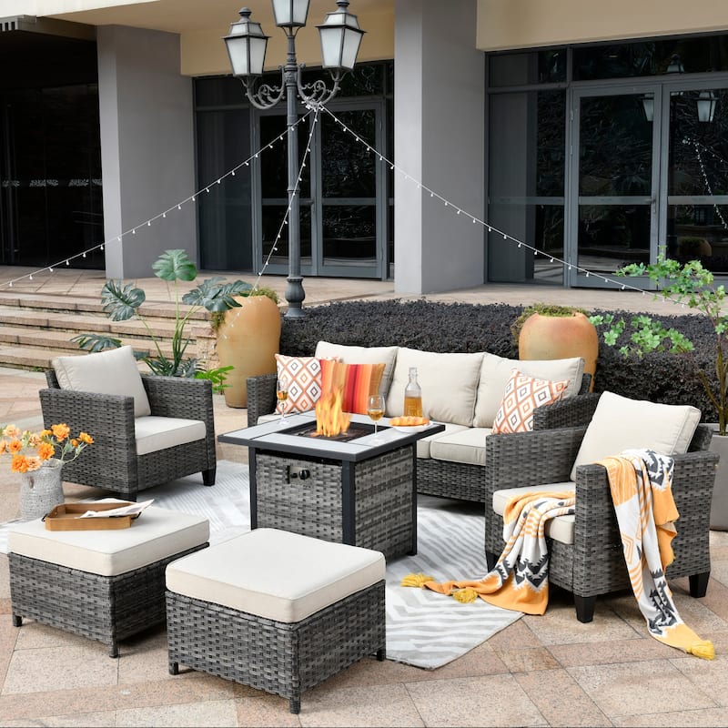 OVIOS 6-piece Patio Outdoor Wicker Conversation Set With 30" Fire Pit