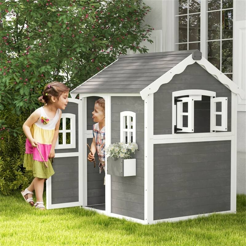 Gray Wooden Kids Outdoor Playhouse with Six Windows Plant Box and Floor for Backyard Fun Ages 3 to 8