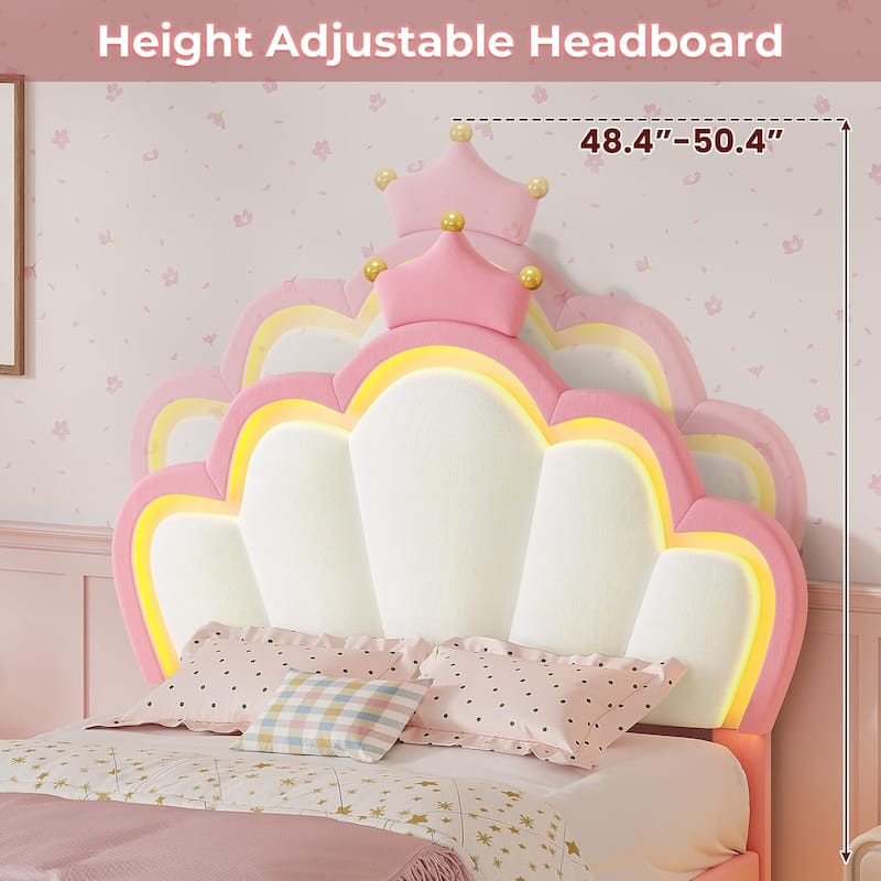 Bed Frame LED Lights Girls Bed Princess Crown Velvet Upholstered Platform Bed