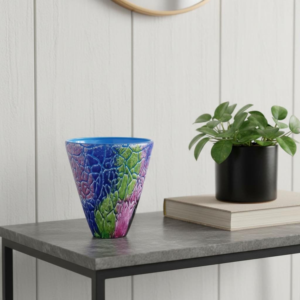 8" Blue and Green Murano Glass Abstract Oval Table Vase - 4.00
