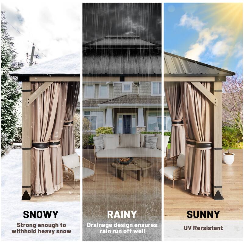 10X12FT Outdoor Wood Frame Patio Gazebo, Metal Pavilion with Curtain and Netting