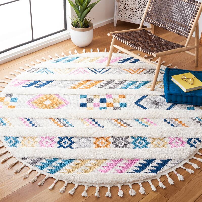 SAFAVIEH Moroccan Fringe Shag Lorean Rug - 6'7" Round - Ivory/Blue