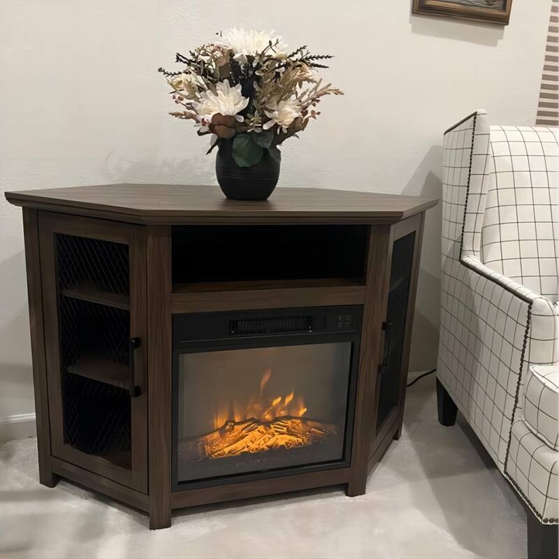 45" Industrial Corner Electric Fireplace TV Stands with 2 Metal Mesh Doors and Remote