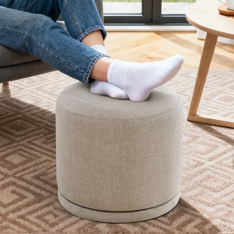 Fully Assembled Linen Round Swivel Ottoman Footstool with Acacia Hardwood Frame - Beige