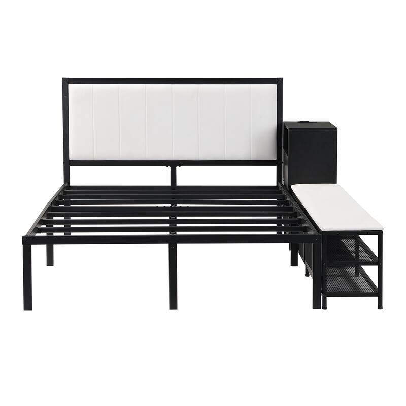 Full size Metal Platform Bed with Wooden Cabinet, Two-Tier Shelves And Cushioned Footrest