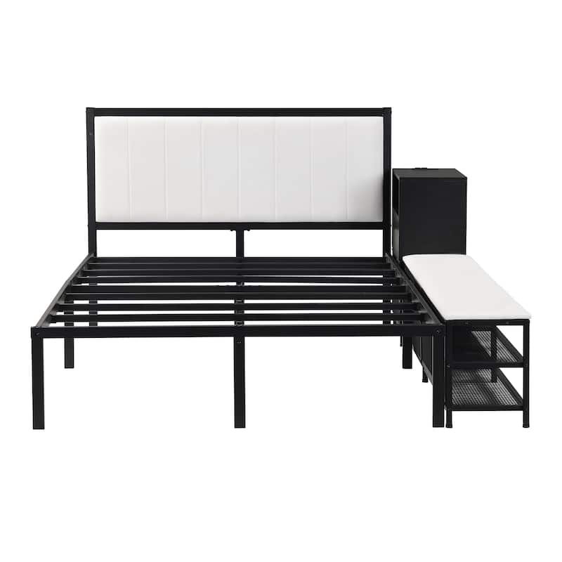 Platform Bed with 2-Tier Storage Shelves & Wooden Storage Cabinet, Metal Bed Frame w/Upholstered Headboard & USB Ports