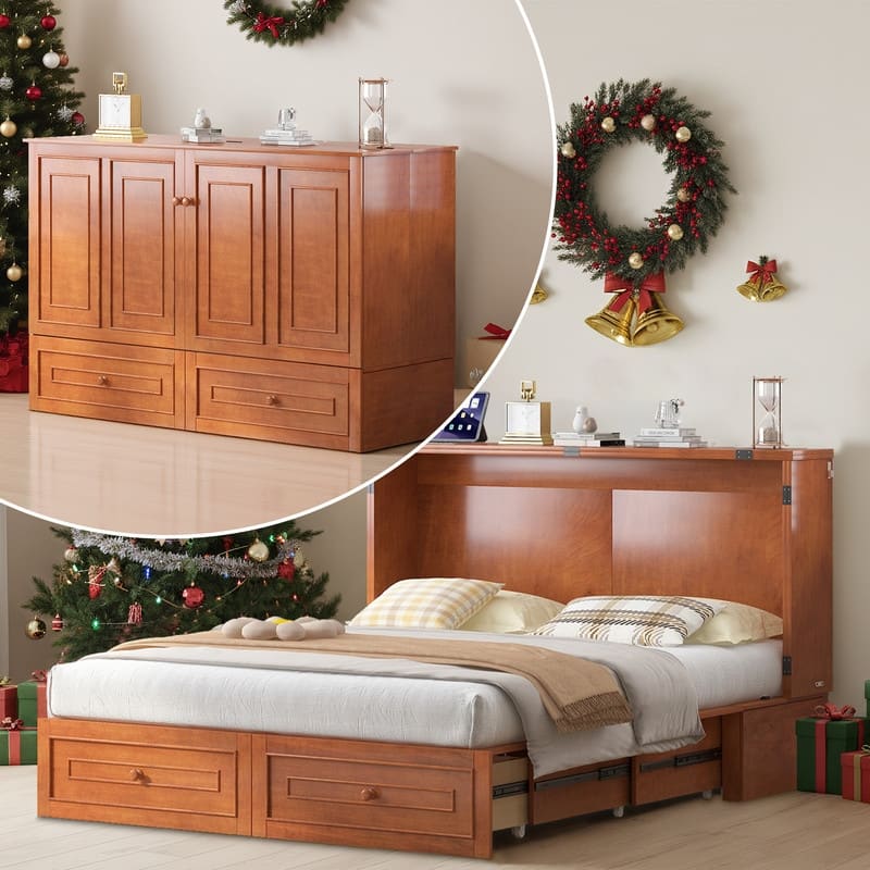 Mixoy Queen Modern Murphy Bed Chest with Mattress and Storage Drawer