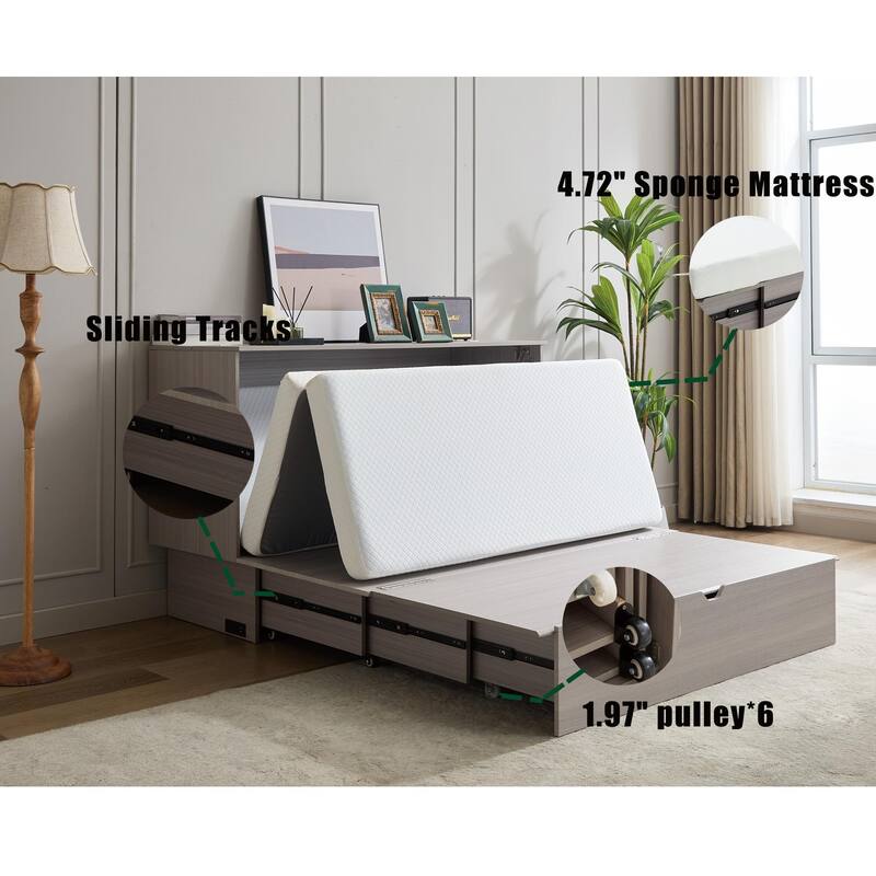 Queen Cabinet Bed with Storage, Folding Mattress, USB Ports, Space-Saving Design, Gray