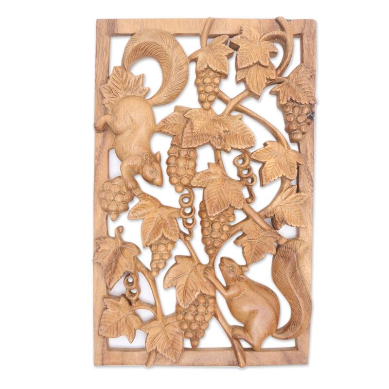 Novica Handmade Hungry Squirrel Wood Relief Panel