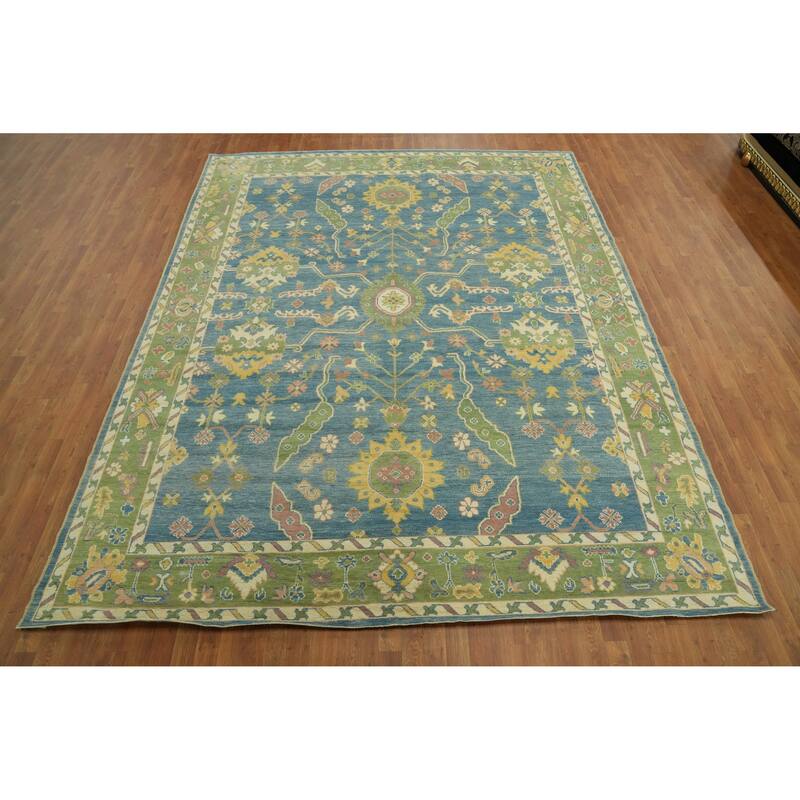 Vegetable Dye Blue Oushak Turkish Area Rug, Floral Geometric Carpet - 11' 9'' X 9' 5''