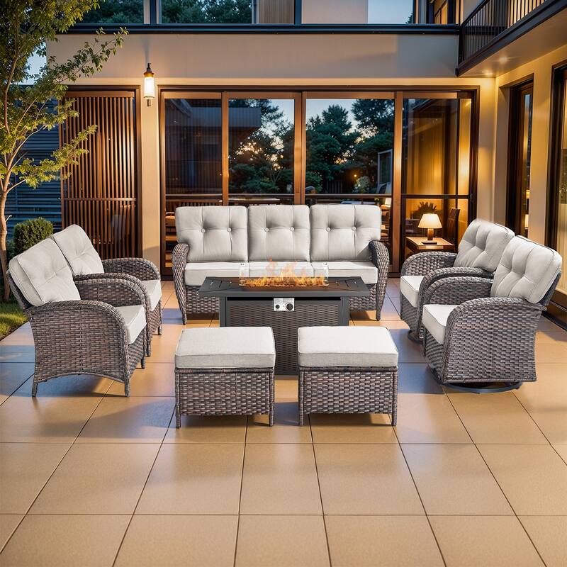 Pocassy Outdoor 43 In Fire Table with Sofa Swivel Patio Chair Set - Brown Wicker Beige Cushion - 8-Piece Patio Sofa Chair Ottoman with Fire Table