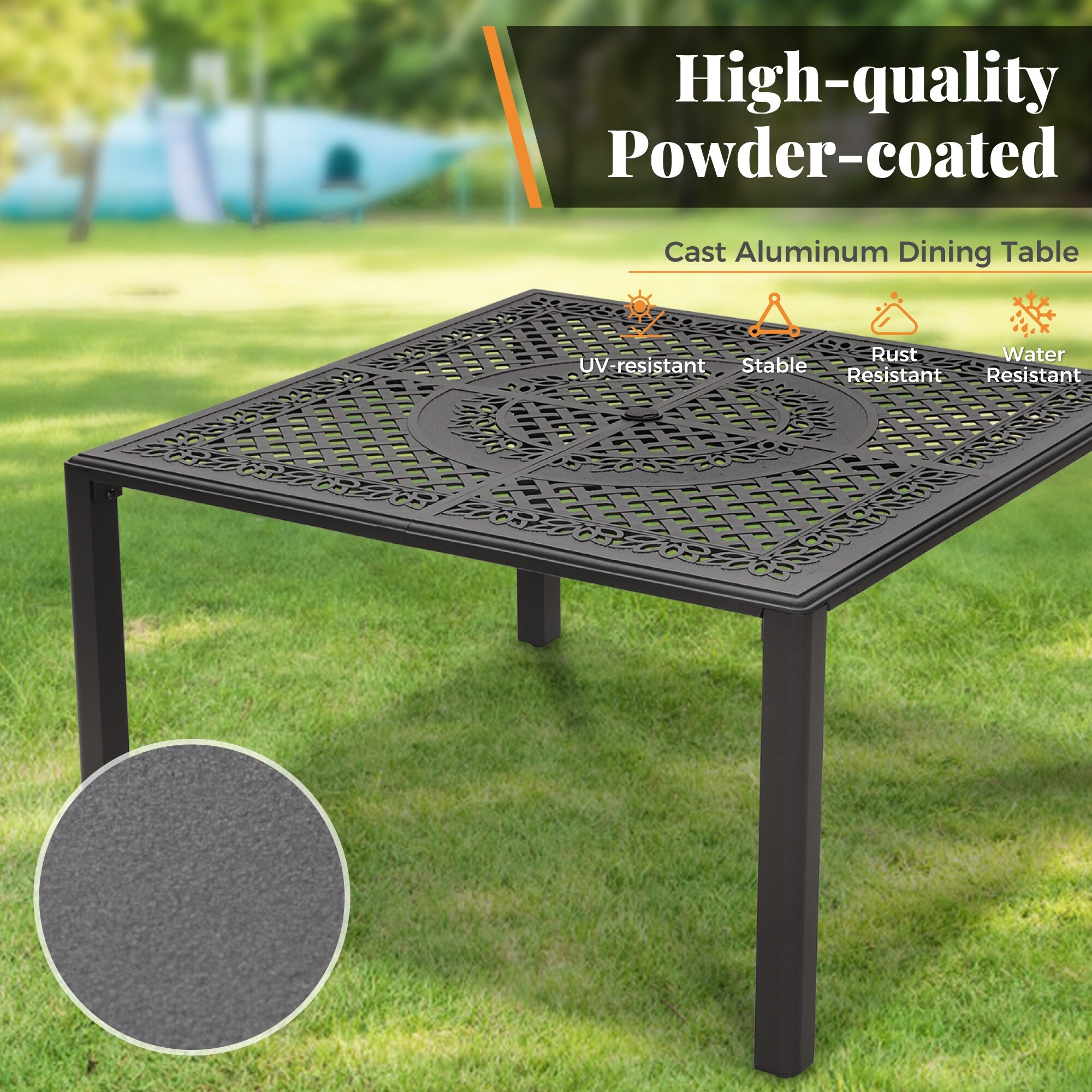 MAISON ARTS Patio Cast Aluminum Dining Table for 8 Square Expandable Rectangular Table with Umbrella Hole