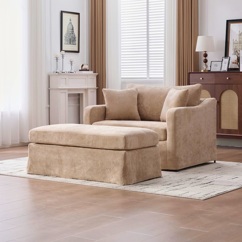 Set of Modern Chenille Accent Chair and Storage Ottoman - Wheat