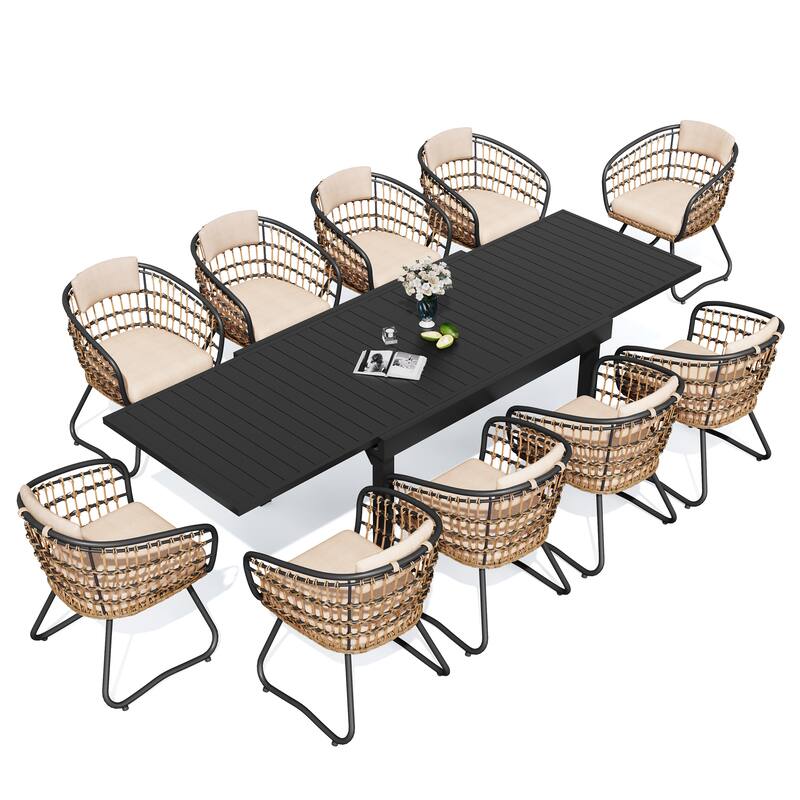 11PC Outdoor Aluminum Expandable Rectangle Patio Dining Sets Table with Rattan Chair
