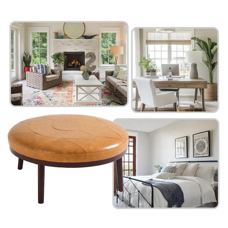 UIXE Full Grain Genuine Italian Leather Round Ottoman Modern Oversize Side Tble