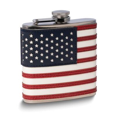 Curata Stainless Steel and American Flag Leather 6 Ounce Captive Cap Flask