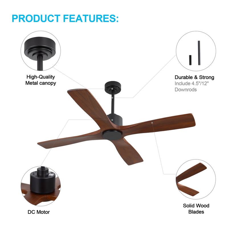 MLiAN 48" DC Motor Indoor Ceiling Fan, 4 Solid Wood Blades...