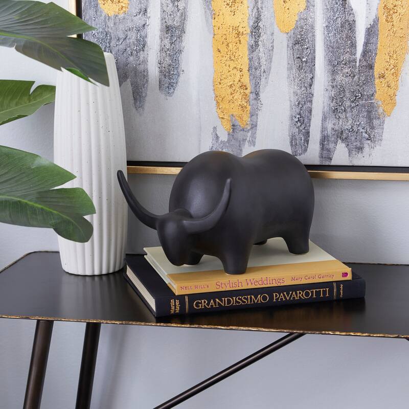 Black Ceramic Bull Sculpture - 8 x 11 x 7 - 8 x 11 x 7 - Black