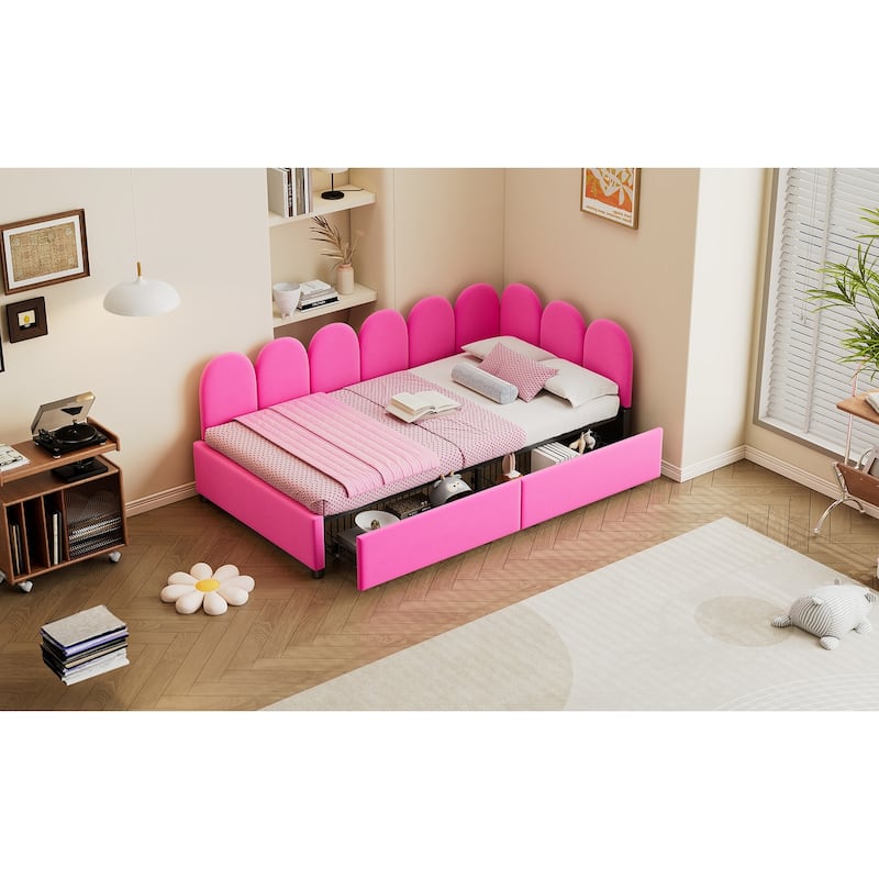 Twin Size Velvet Upholstered Daybed with 2 Drawers and Soft Fabric Headboard for Bedroom