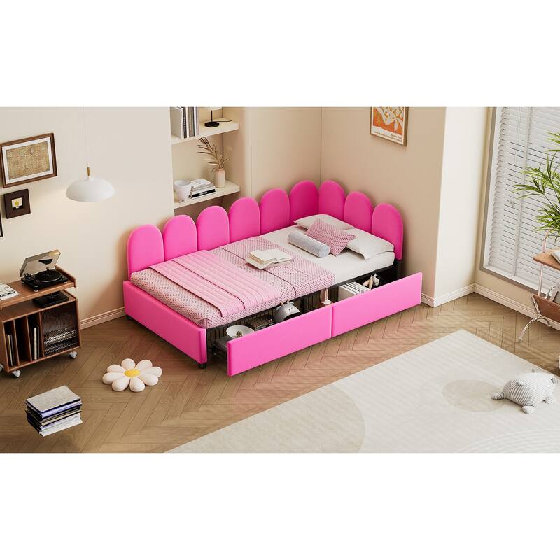 Velvet Upholstered Daybed with 2 Drawers and Soft Fabric Headboard for Bedroom