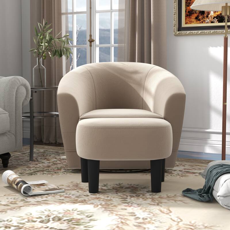 Swivel Accent Chair with Ottoman, Comfy Velvet 360 Degree Swivel Barrel Round Club Tub Sofa Chair for Bedroom Reading Room - Beige