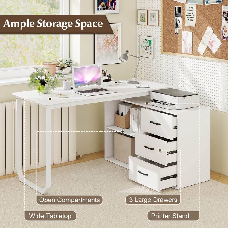 Costway L-Shaped Desk with Power Outlet 55" Reversible Computer Desk