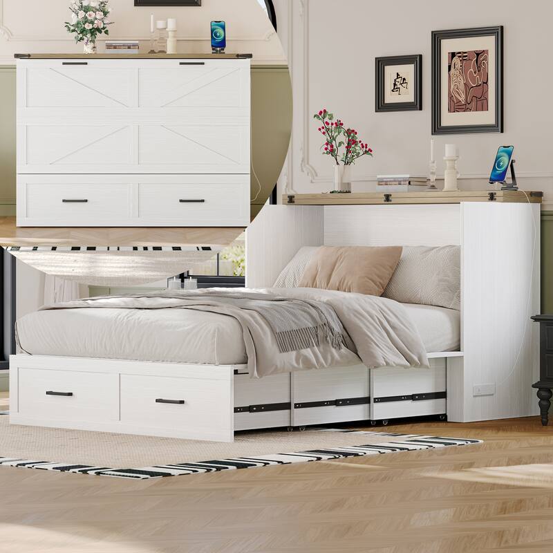 Full/Queen Size Pull Out Murphy Bed Frame, Wood Foldable Platform Cabinet Bed with Charging Station and Large Storage Drawers