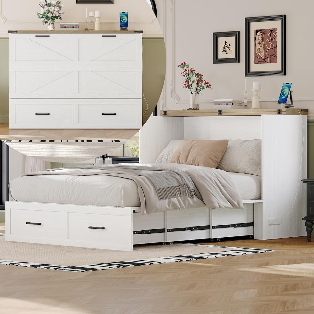 Full Size Farmhouse Murphy Cabinet Bed with Charging Station, Foldable Platform Bed with Storage Drawer
