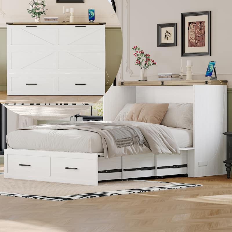 Wooden Foldable Murphy Cabinet Bed Platform Bed Bottom Large Storage Drawer Side with Outlets and USB Ports