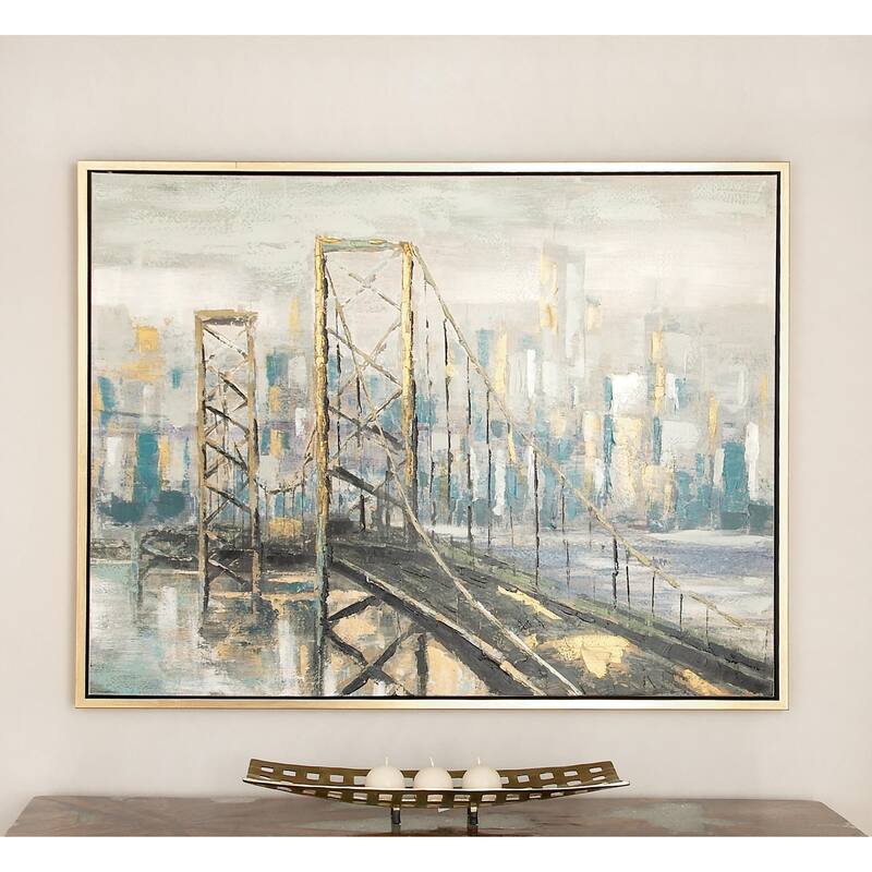 Polystone City Bridge Framed Wall Art with Gold Frame - Light Brown - Roche River Decor