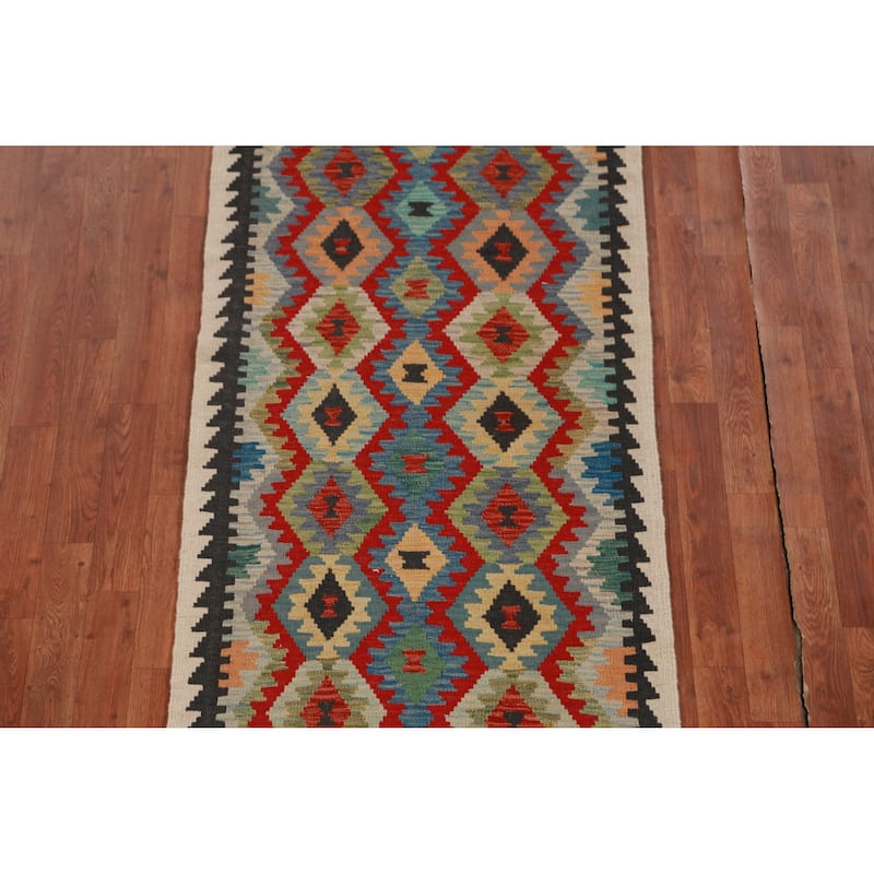 Hand Woven Oriental 100% Wool Carpet Southwestern All-Over Multi-Colored Kilim Runner Rug - 12' 7'' X 2' 8''