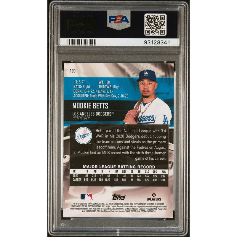 Mookie Betts 2021 Topps Stadium Club Chrome Baseball Card #100 Graded PSA 10 - 8'6" x 11'6"