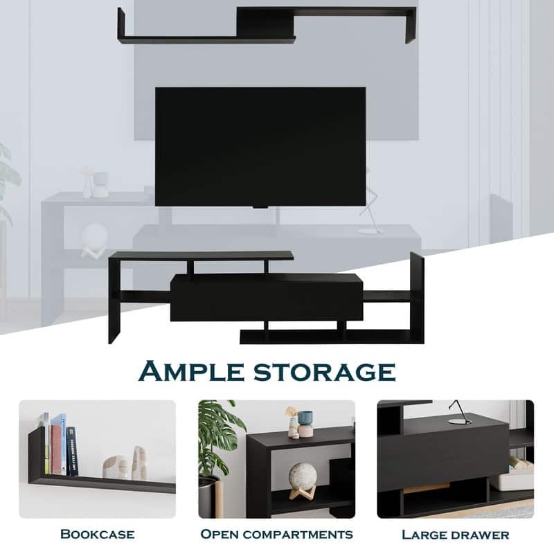 Surrey Multi-functional 60-Inch Modern Wood TV Console with Drawer, Book Case and Open Shelves in Stained Wood Finish