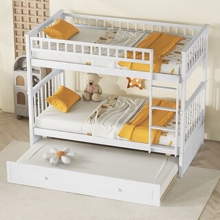 Twin Over Twin Bunk Bed with Trundle Bed, Solid Pine Wood Convertible ...