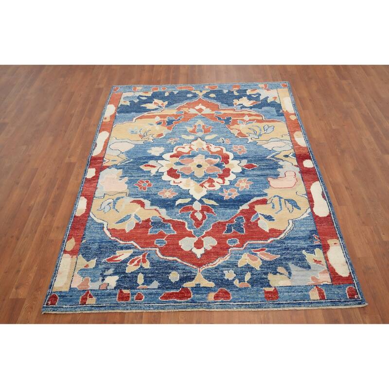 Hand Knotted Oriental 100% Wool Carpet Transitional Floral Navy Blue & Blues Oushak Area Rug - 6' 9'' X 5' 1''