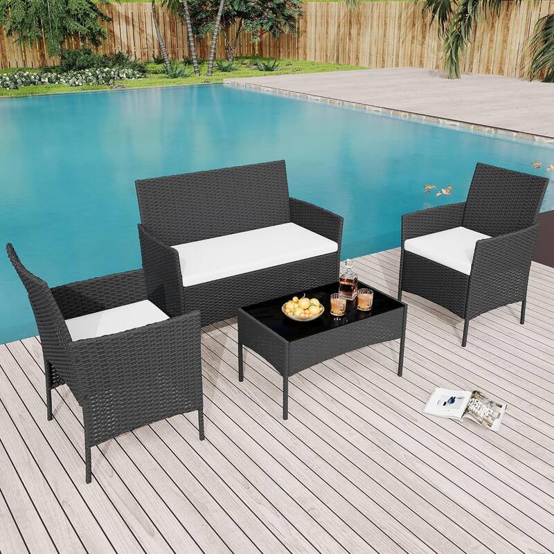 4 Pieces Rattan Wicker Chairs with Glass Coffee Table - Black + Beige