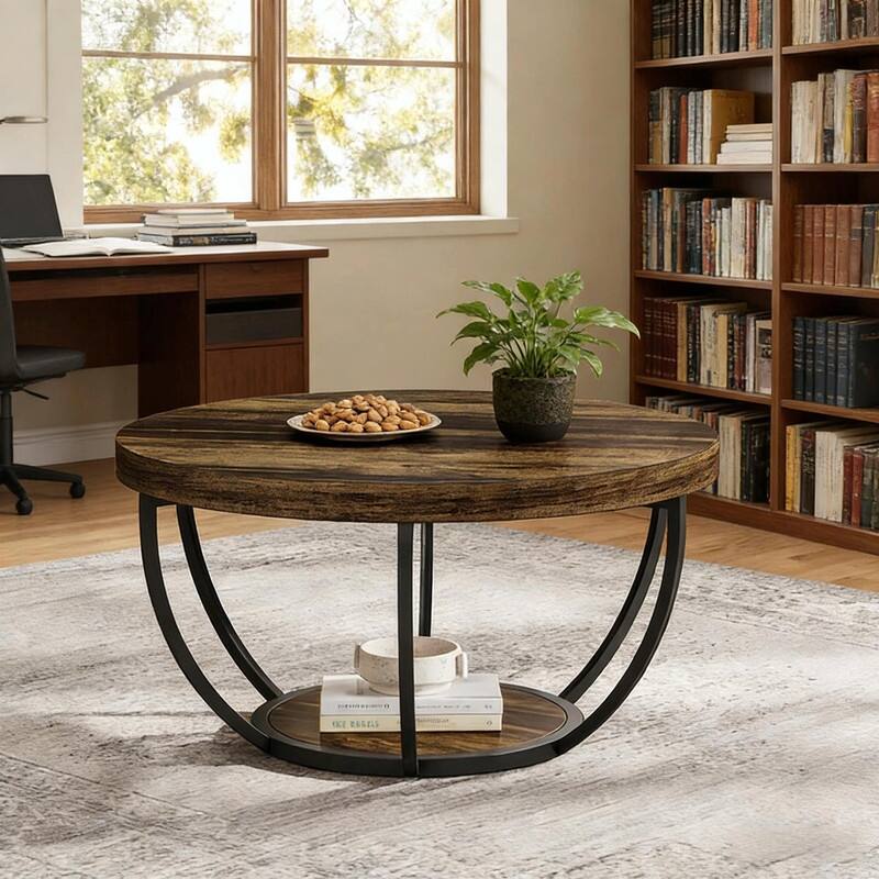 Round 2-Tier Wood Coffee Table with Metal Base for Living Room