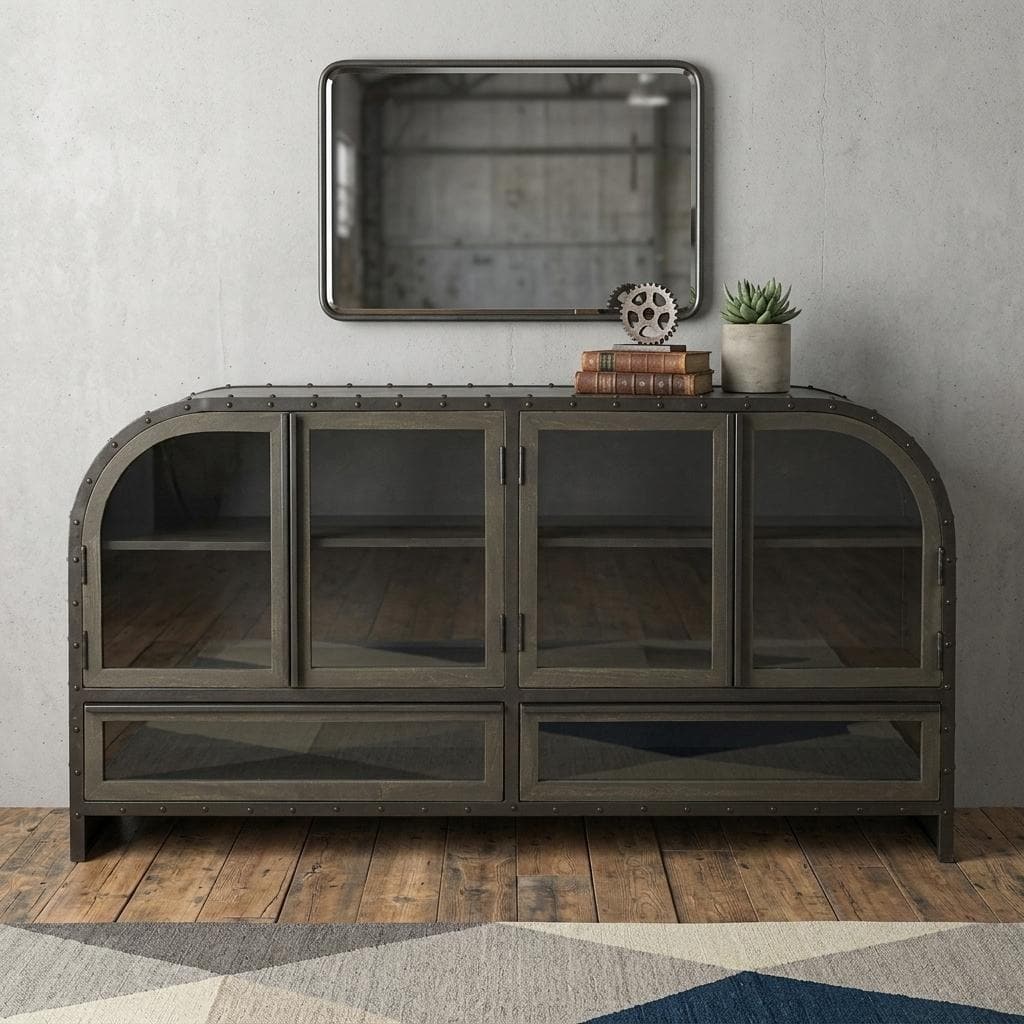 HomeRoots 62" Dark Brown Iron Two Drawer Sideboard with Four Glass Doors - 62.30 in. x 33.30 in. x 16.50 in.