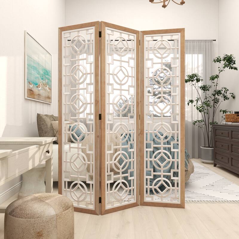 Wood Geometric Hinged Foldable Partition 3 Panel Room Divider Screen with Intricately Carved Designs - White - Roche River Decor