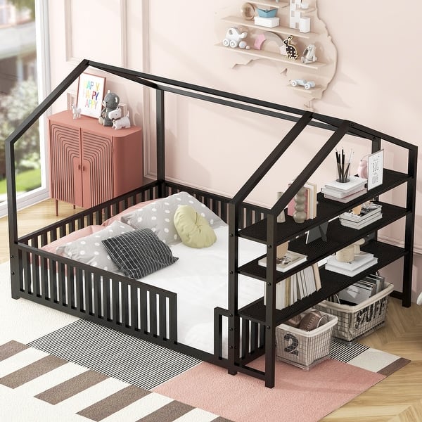 Floor Bed For Kids, Full Size Montessori Beds With High Fence Railings, Wood Playhouse Bed With Rails For Baby Boys Girls Teens, No Slats Included, Natural