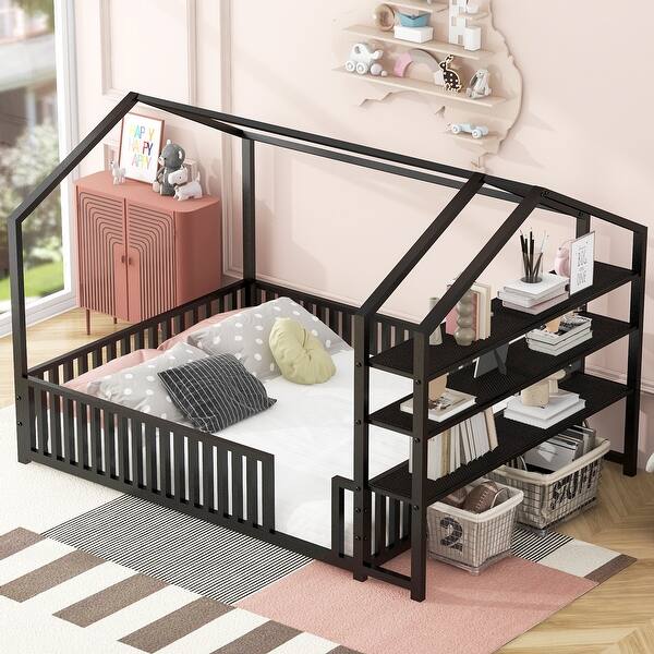slide 2 of 30, Grounded House Bed Metal Frame Tent Beds with Fence-shaped Guardrail and Bookcase, Floor Bed for Toddler Kids Boys Girls Teens Black - Full